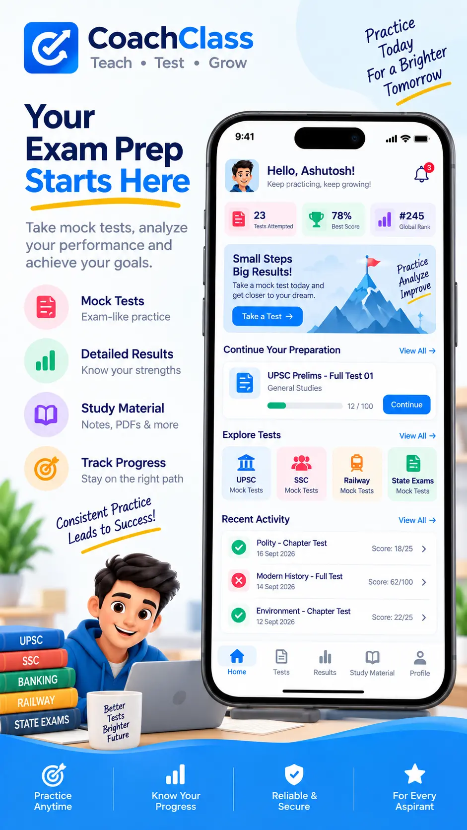 CoachClass app home screen showing tests attempted, best score, global rank and mock tests
